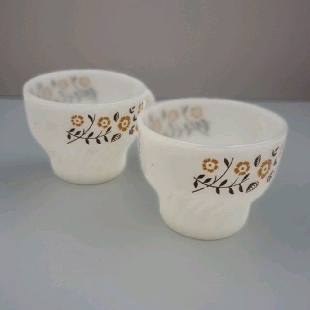 2 Vintage Termocrisa Milk Glass Coffee Cups Brown Leaves Golden Flowers Mexico